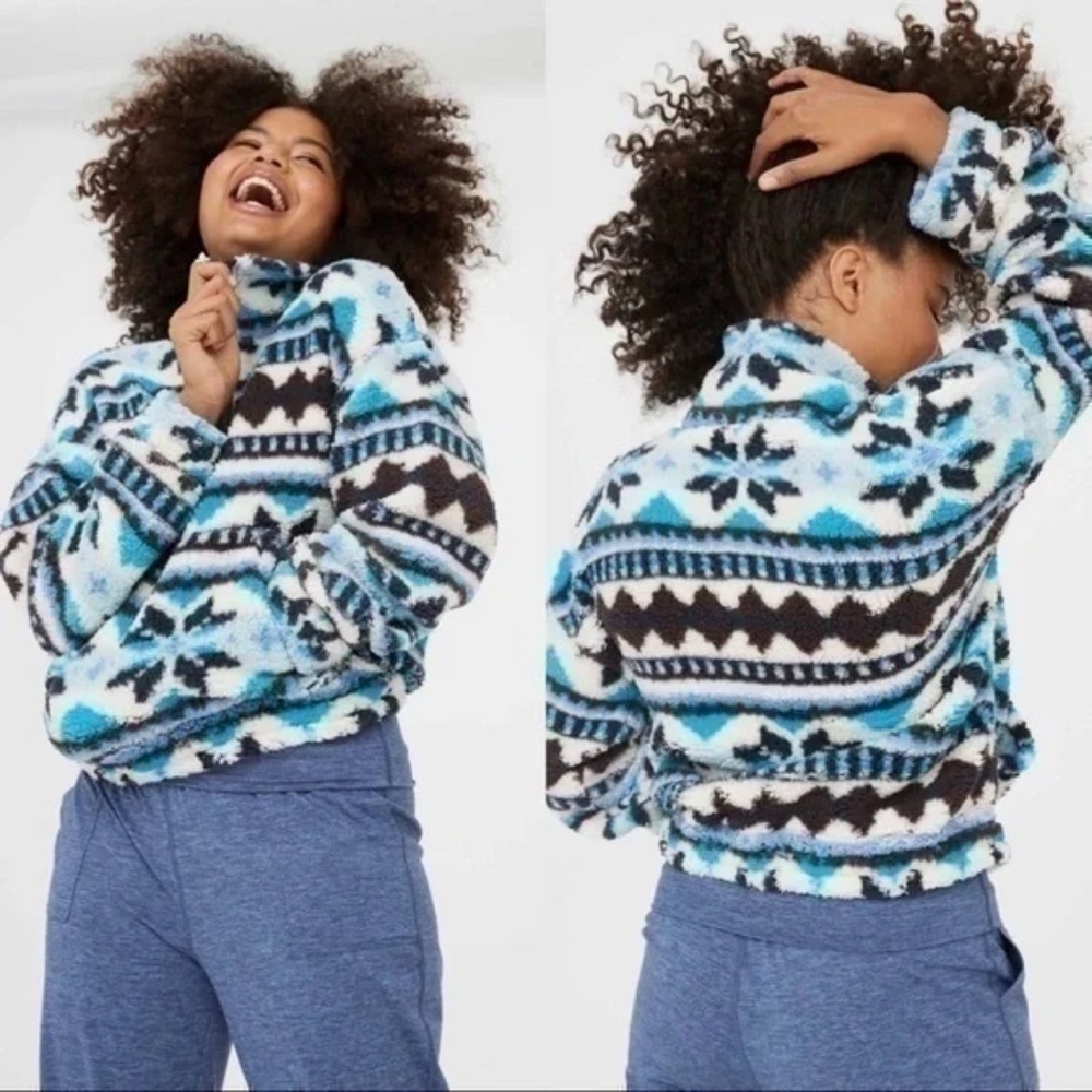 Offline by Aerie Blue & Brown Nordic Sherpa Pullover, 1/4 Zip, Size XS